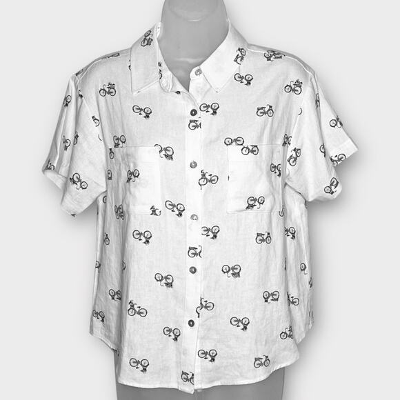 Rae Dunn Tops - RAE DUNN novelty linen blend bicycle print button up shirt size medium